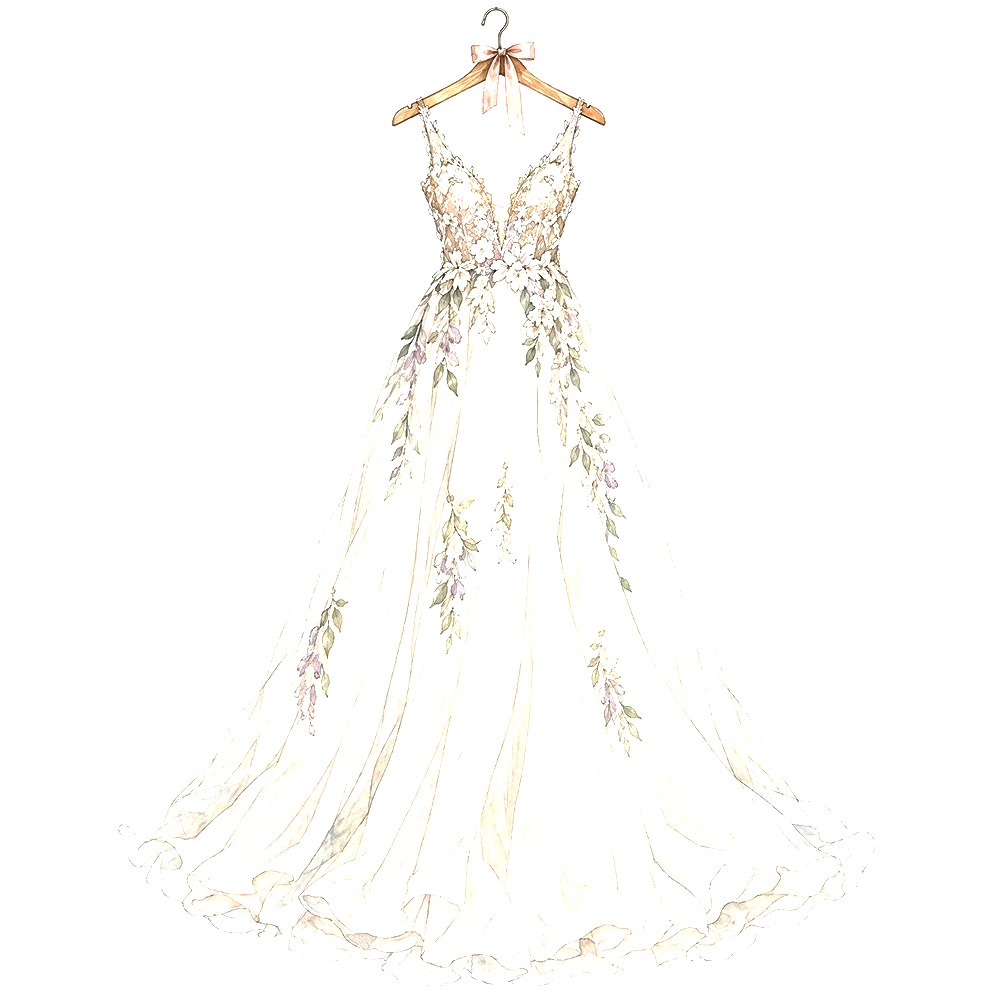 Watercolour of a long white wedding dress on a hanger